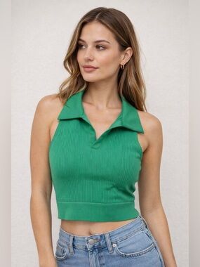 Diane von Furstenberg (DVF) Green Ribbed Collared Sleeveless Top Stretch S–L